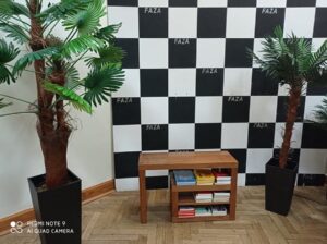 Na zdjęciu półka z książkami, stojąca pod palmami.