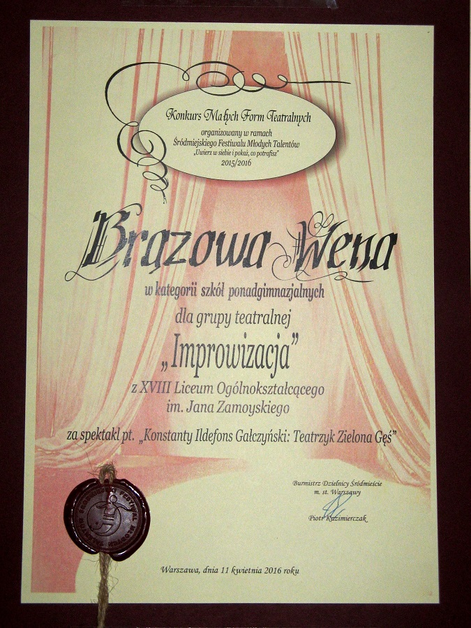Na zdjęciu ozdobny dyplom Brązowej Weny.