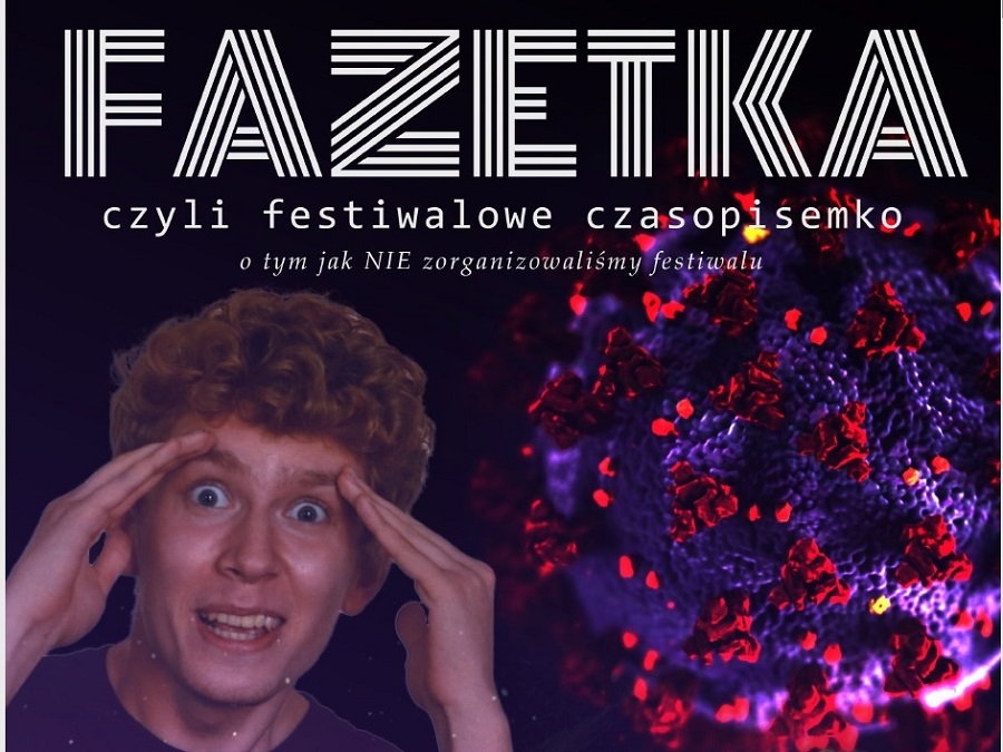 Na zdjęciu okładka Fazetki - chłopiec łapiący się na głowie i koronawirus.