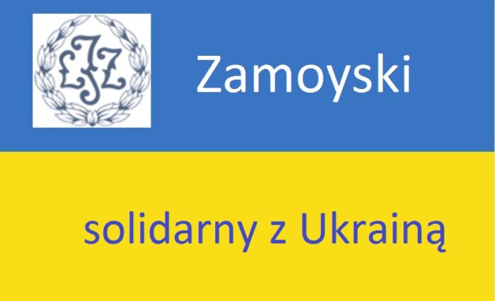 Na zdjęciu ukraińska flaga i napis: Zamoyski solidarny z Ukrainą.