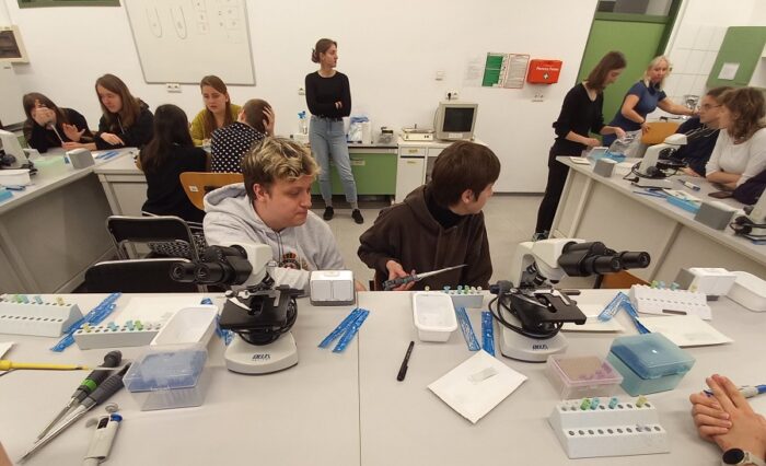 Na zdjęciu uczniowie podczas zajęć w laboratorium.