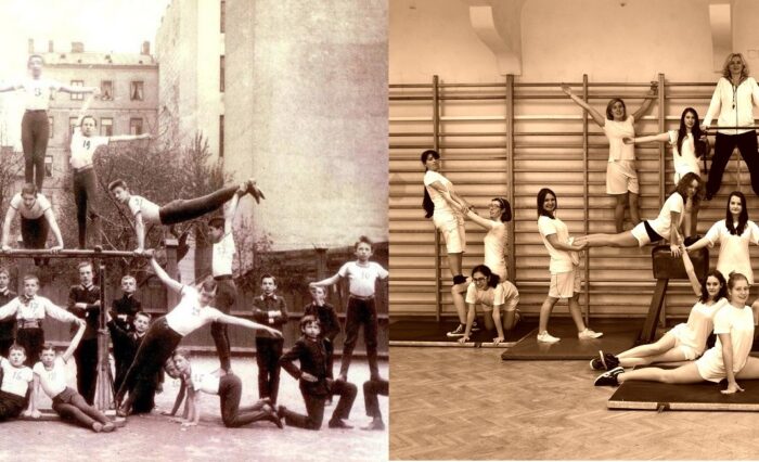 Na dwóch złączonych ze sobą zdjęciach młodzież ustawiona w piramidę - na starym zdjęciu na boisku, na współczesnym - w sali gimnastycznej.