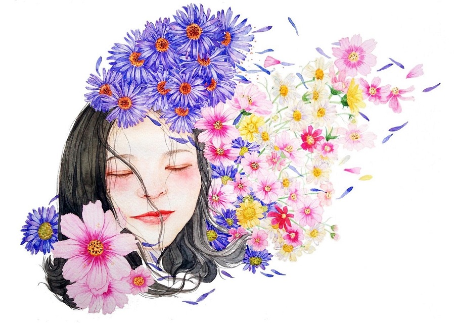 Na zdjęciu akwarela przedstawiająca głowę kobiety w kwiatach.