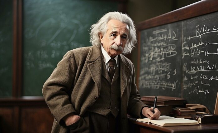 Na zdjęciu grafika przedstawiająca Einsteina na tle tablicy pełnej obliczeń.